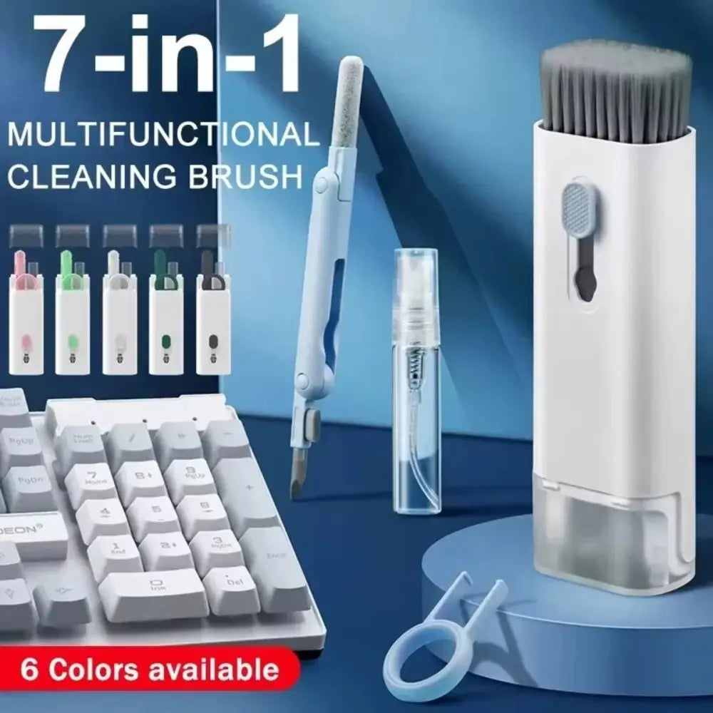 White plastic 7-in-1 multifunctional mechanical keyboard and earphone cleaning brush with gray bristles and retractable design