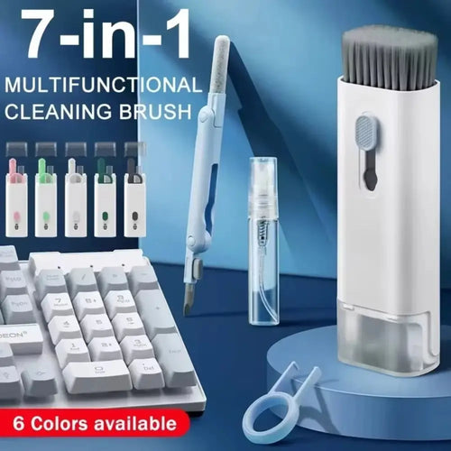 White plastic 7-in-1 multifunctional mechanical keyboard and earphone cleaning brush with gray bristles and retractable design