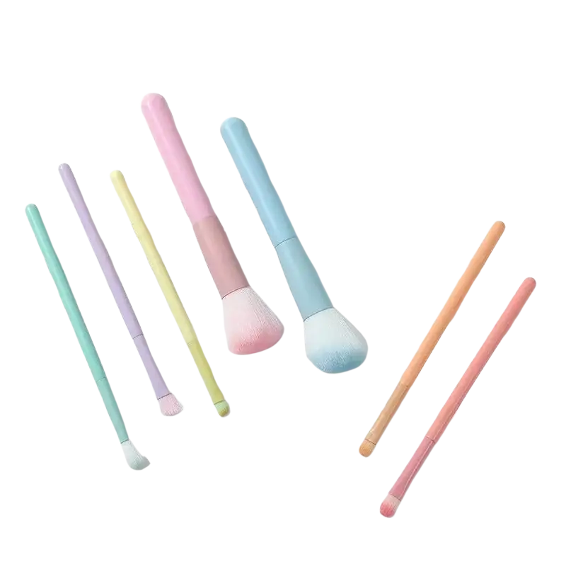 7 piece pastel makeup brush set with soft fluffy bristles and smooth handles in mint green lavender yellow pink and coral