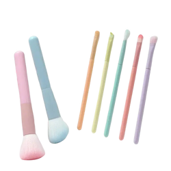 7 piece pastel makeup brush set with soft rounded bristles and smooth plastic handles in pink blue green peach lavender