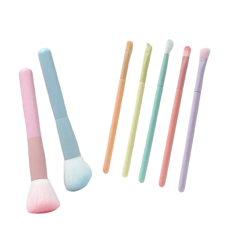 7 piece pastel makeup brush set with soft rounded bristles and smooth plastic handles in pink blue green peach lavender