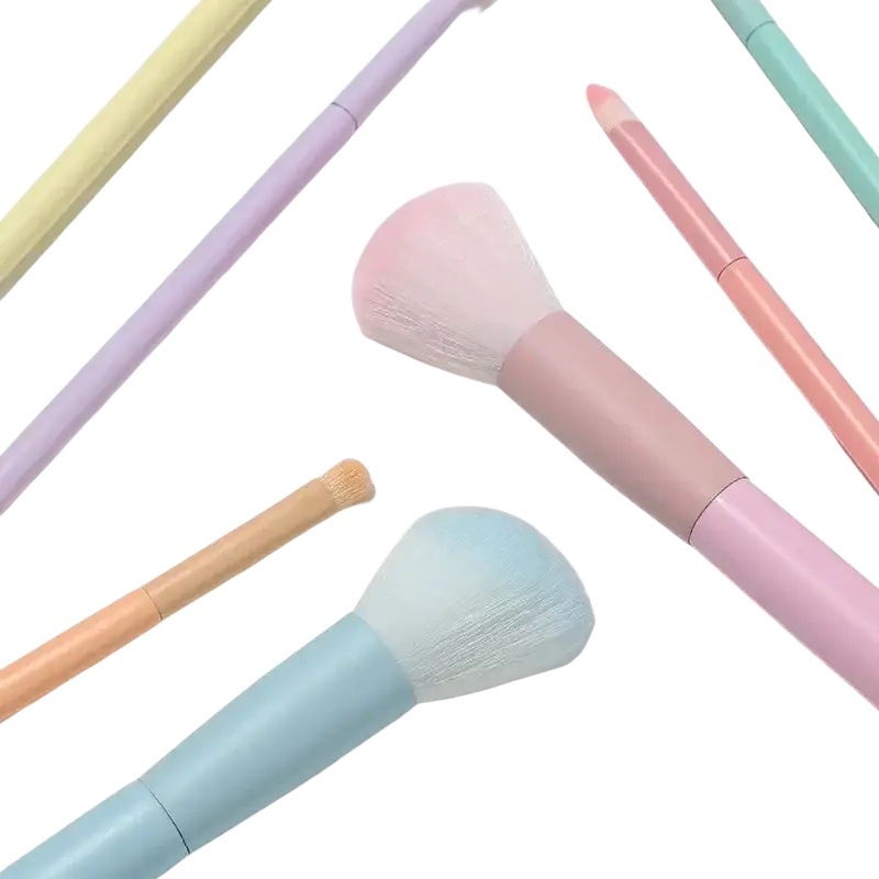 7 piece pastel makeup brush set with soft fluffy bristles and smooth plastic handles in pink lavender mint and peach