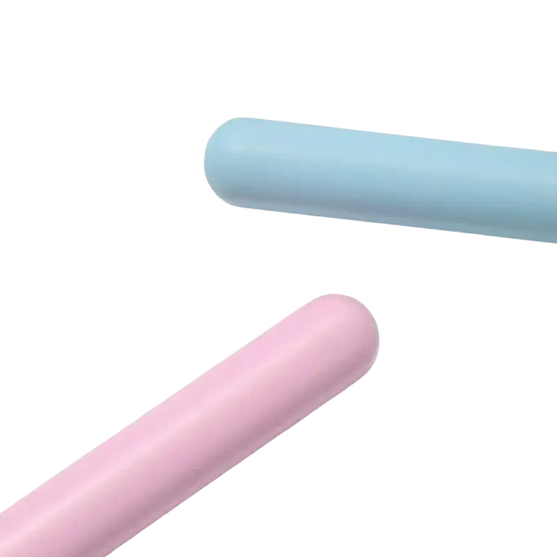 Seven piece pastel makeup brush set with soft bristles featuring pastel pink and light blue silicone cylindrical handles