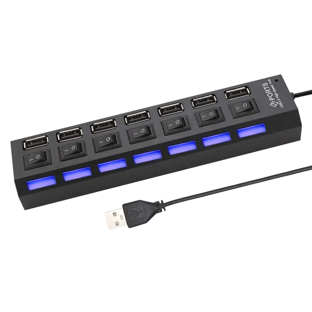 Black 7 port usb 2.0 hub with individual switches and blue led lighting for each port on a sleek usb hub