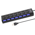 Black 7 port usb 2.0 hub with individual switches and blue led lighting for each port on a sleek usb hub