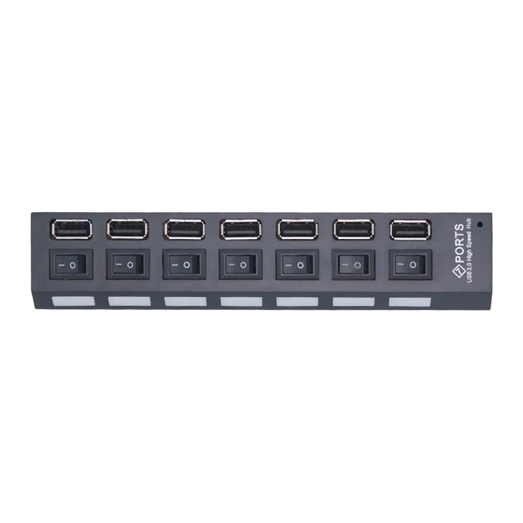 Black usb 2.0 hub with six ports and individual on off switches for enhanced device connectivity and control