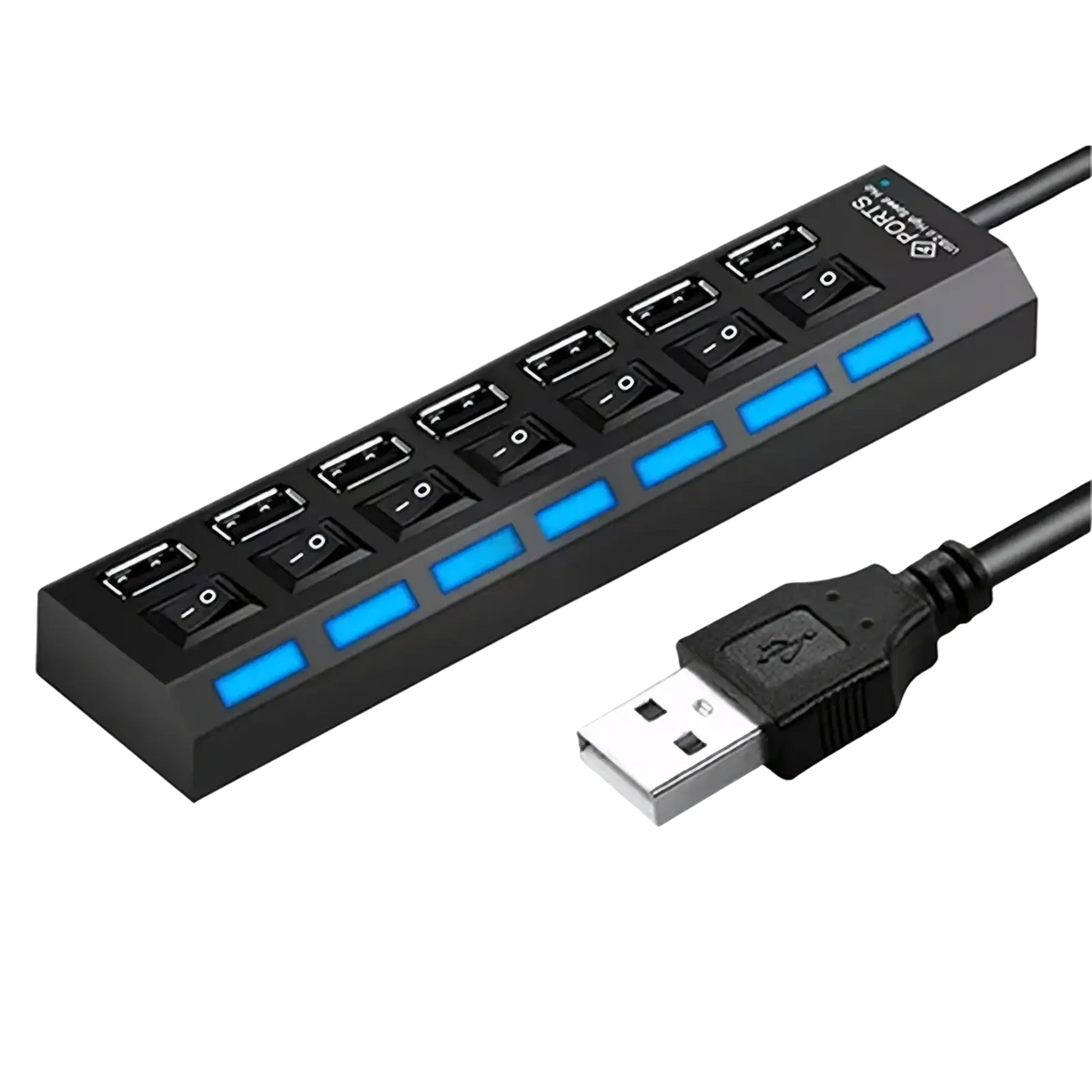 Black 7 port usb 2.0 hub with seven individually switchable ports featuring blue illuminated strips and toggle switches
