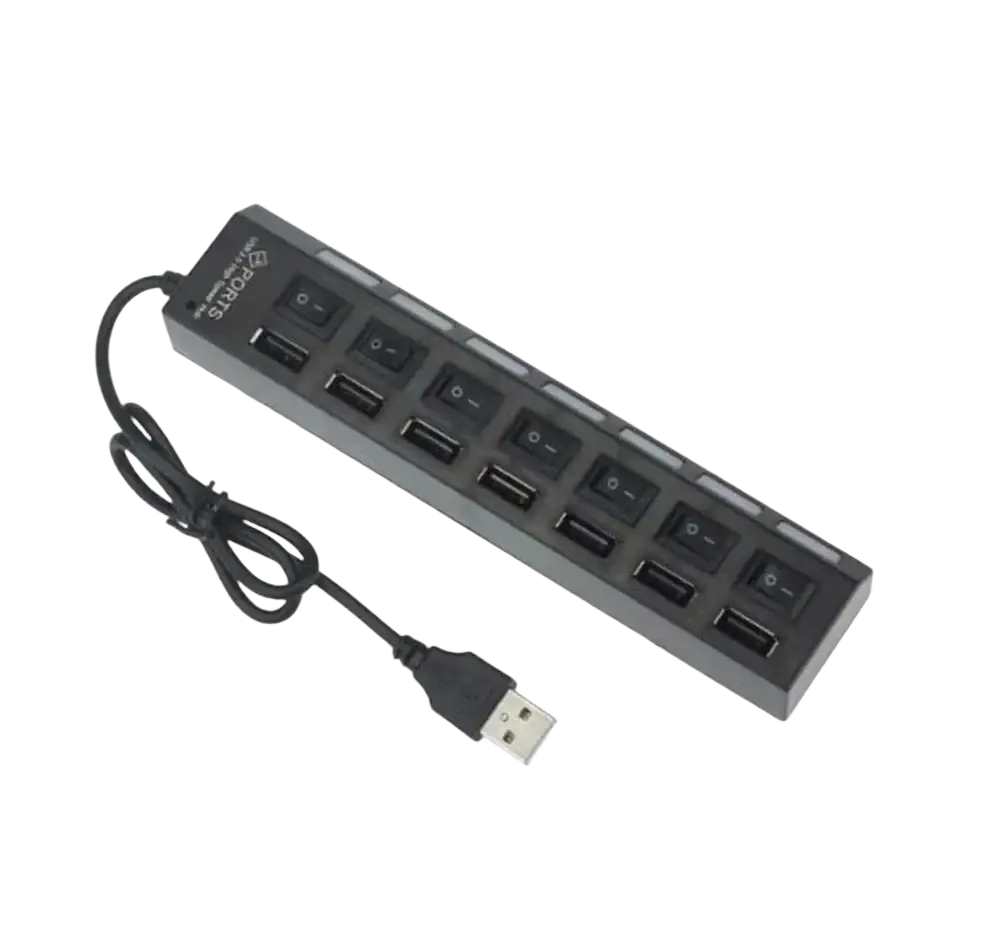 Black plastic 7 port usb 2.0 hub with individual power switches for each of the six visible ports