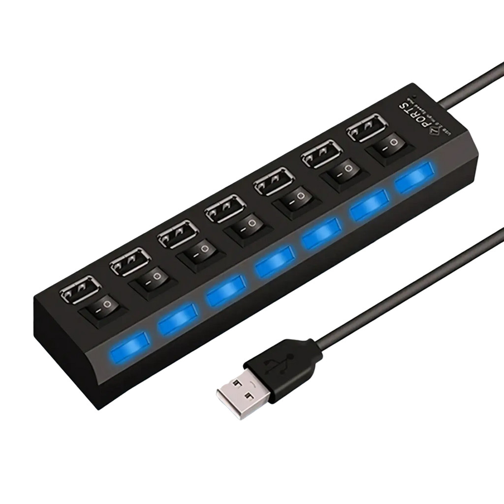 Black plastic 7 port usb 2.0 hub with individual power switches and illuminated blue led indicators on each port