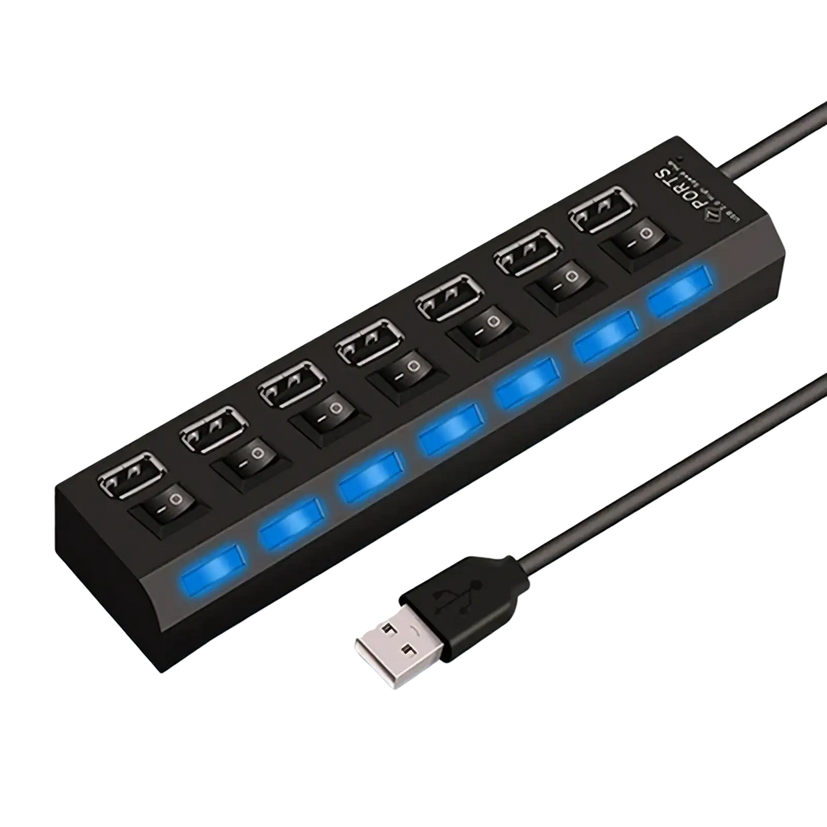 Black plastic 7 port usb 2.0 hub with individual power switches and illuminated blue led indicators on each port