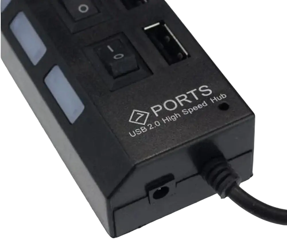 Black plastic 7 port usb 2.0 hub with individual toggle switches and power cord for high speed connectivity