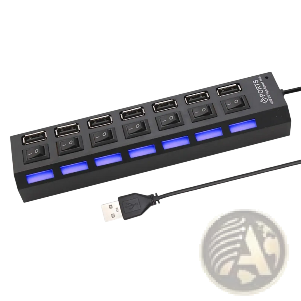 Black 7 port usb 2.0 hub with individual switches and blue led lighting for each port on a sleek usb hub