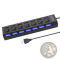 Black 7 port usb 2.0 hub with individual switches and blue led lighting for each port on a sleek usb hub