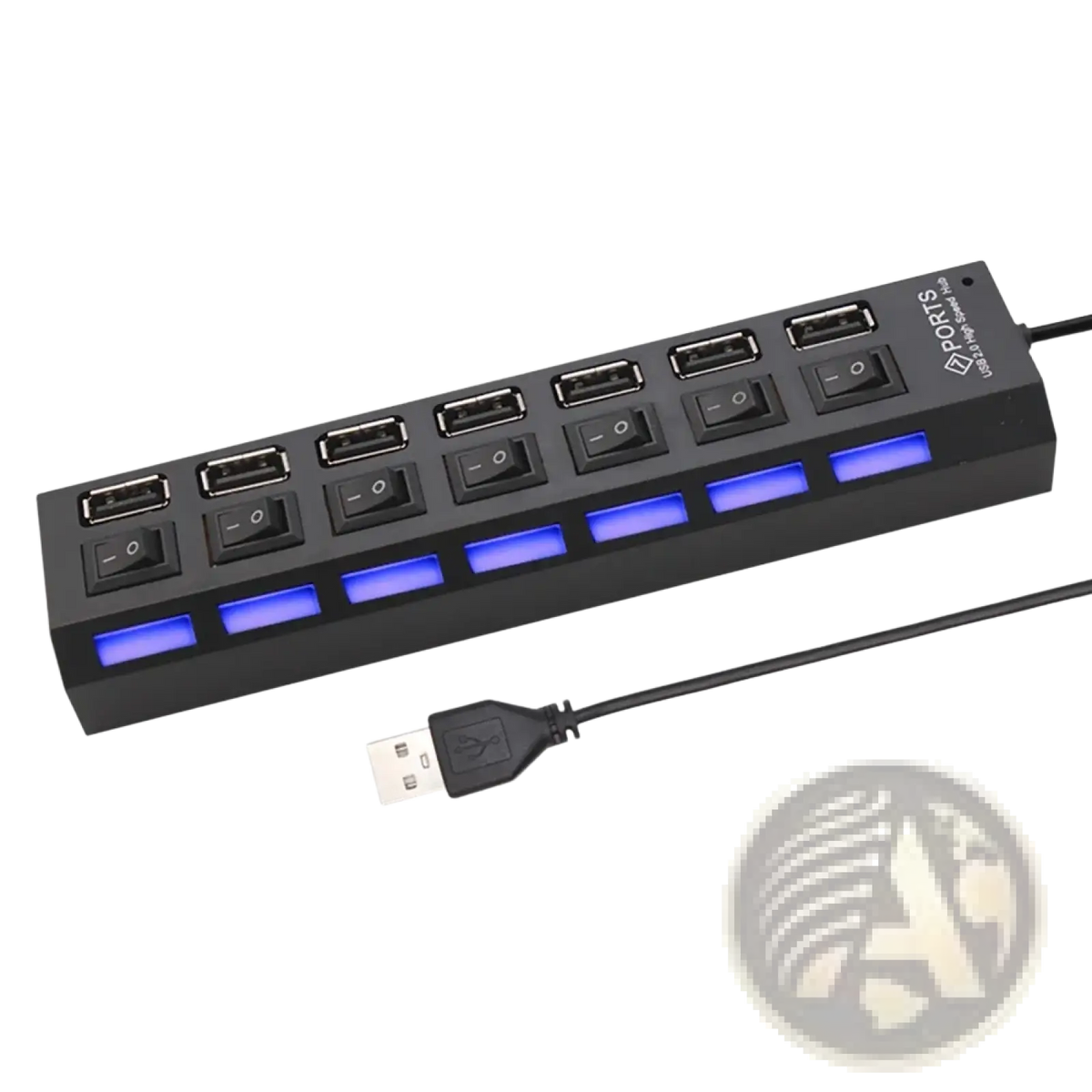 Black 7 port usb 2.0 hub with individual switches and blue led lighting for each port on a sleek usb hub