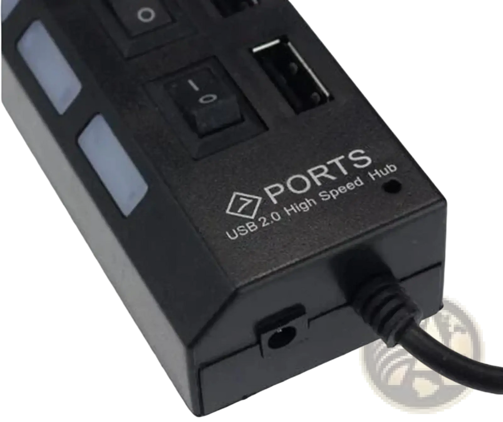 Black plastic 7 port usb 2.0 hub with individual toggle switches and power cord for high speed connectivity