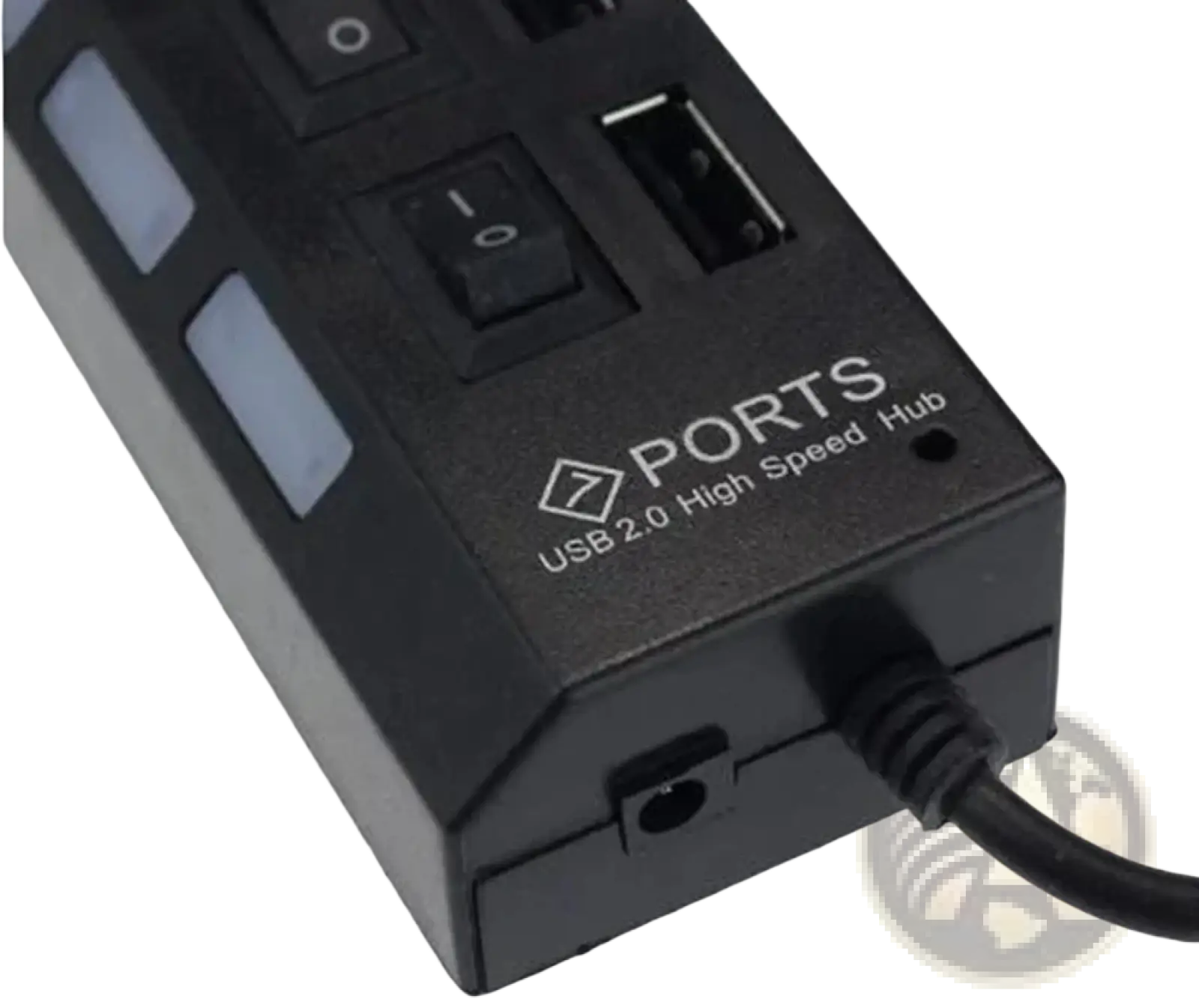 Black plastic 7 port usb 2.0 hub with individual toggle switches and power cord for high speed connectivity