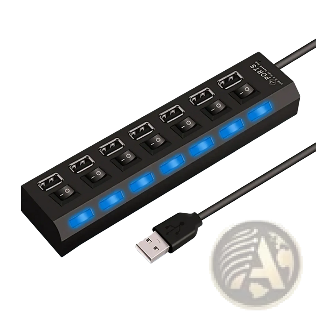 Black plastic 7 port usb 2.0 hub with individual power switches and illuminated blue led indicators on each port