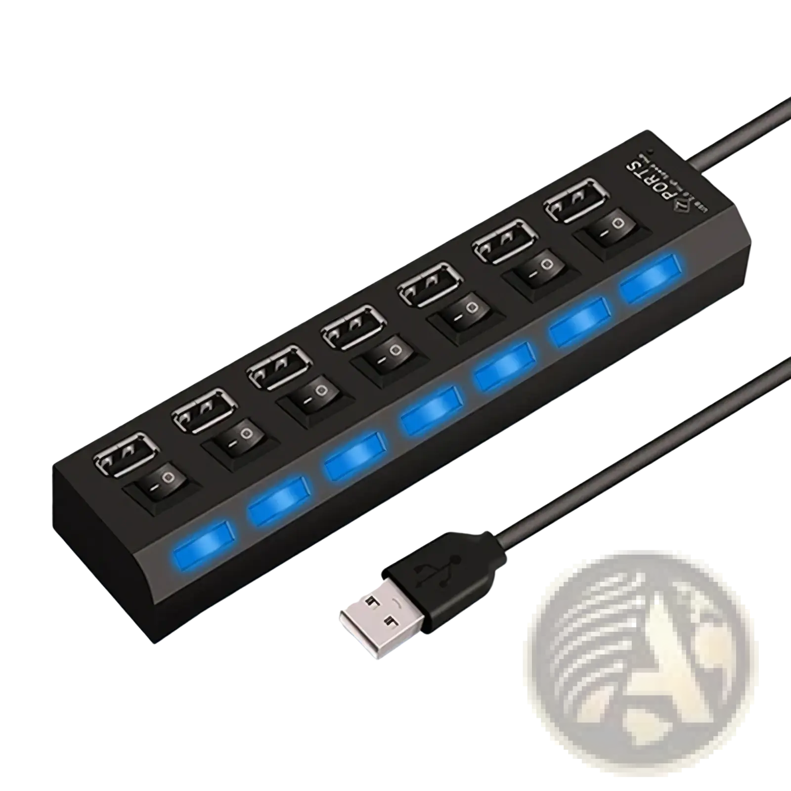 Black plastic 7 port usb 2.0 hub with individual power switches and illuminated blue led indicators on each port