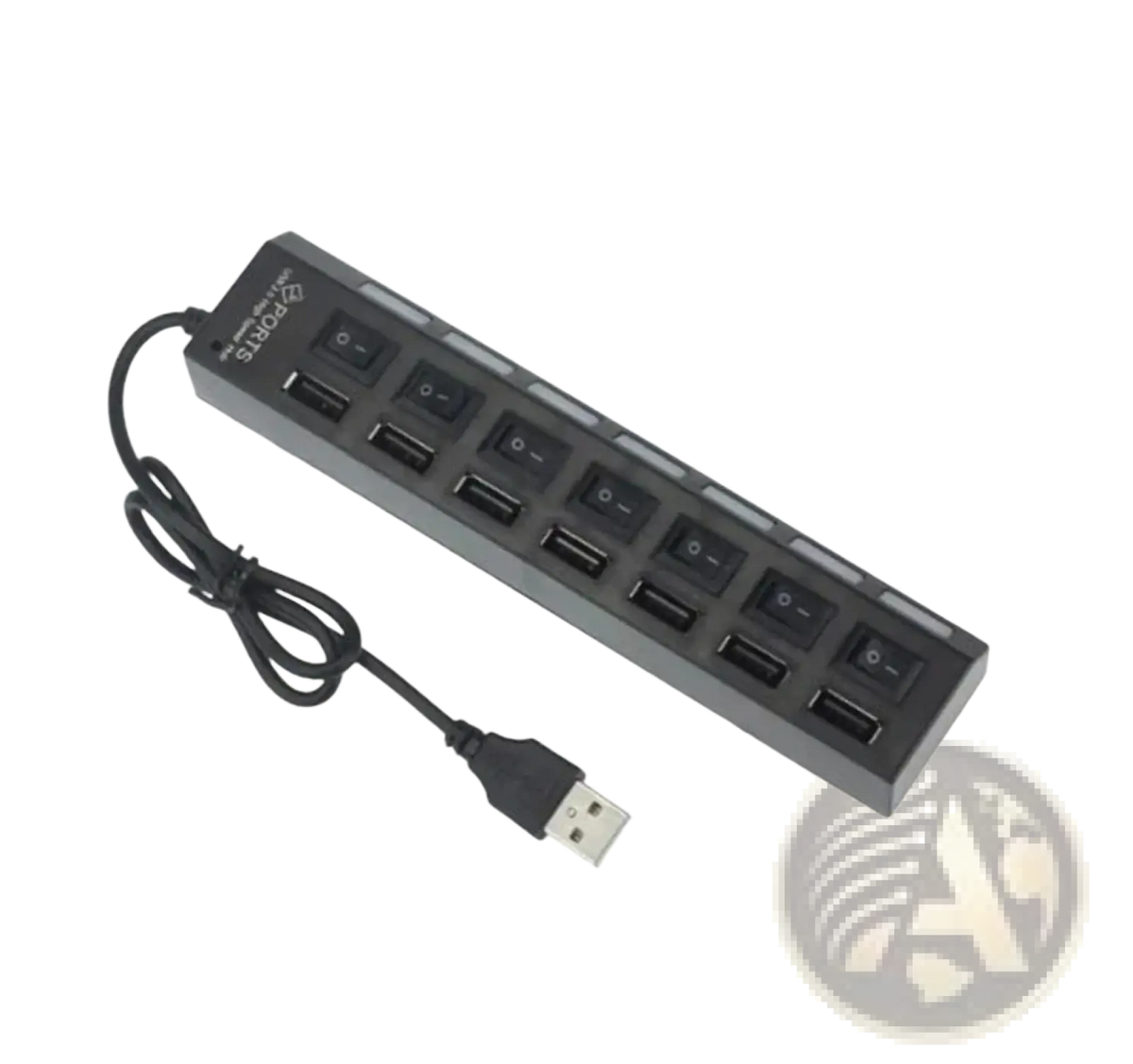 Black plastic 7 port usb 2.0 hub with individual power switches for each of the six visible ports
