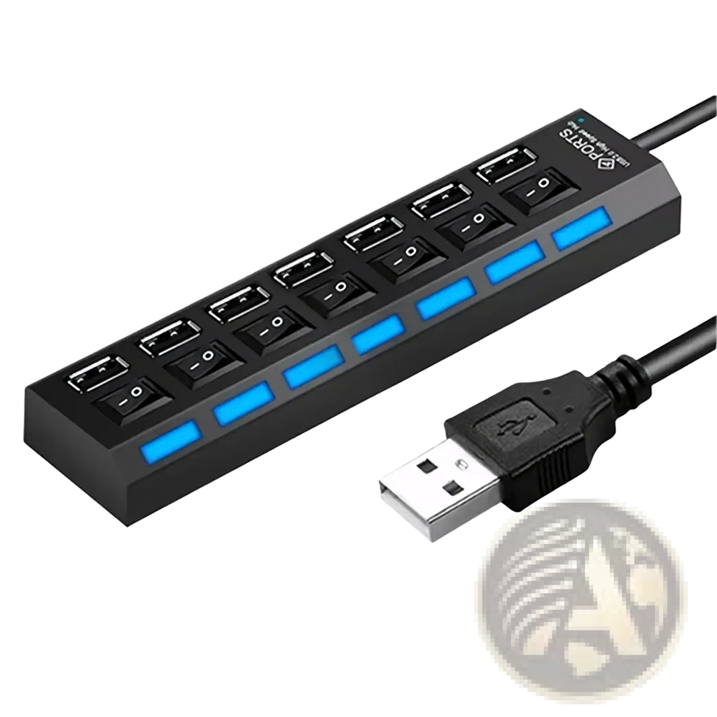 Black 7 port usb 2.0 hub with seven individually switchable ports featuring blue illuminated strips and toggle switches