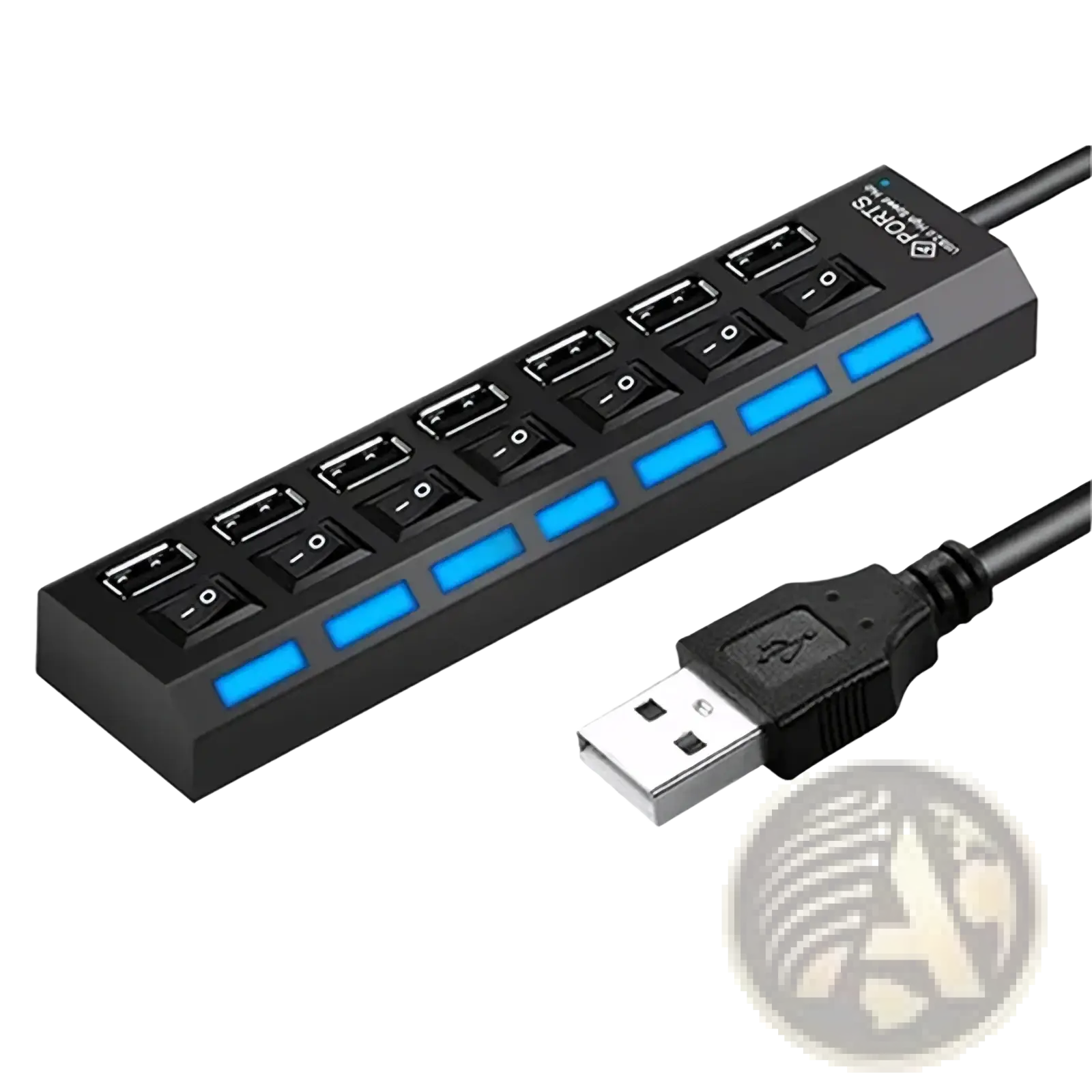 Black 7 port usb 2.0 hub with seven individually switchable ports featuring blue illuminated strips and toggle switches