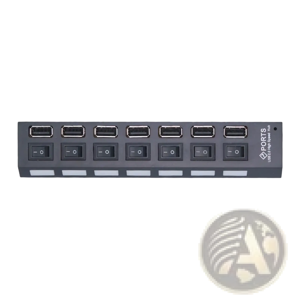 Black usb 2.0 hub with six ports and individual on off switches for enhanced device connectivity and control