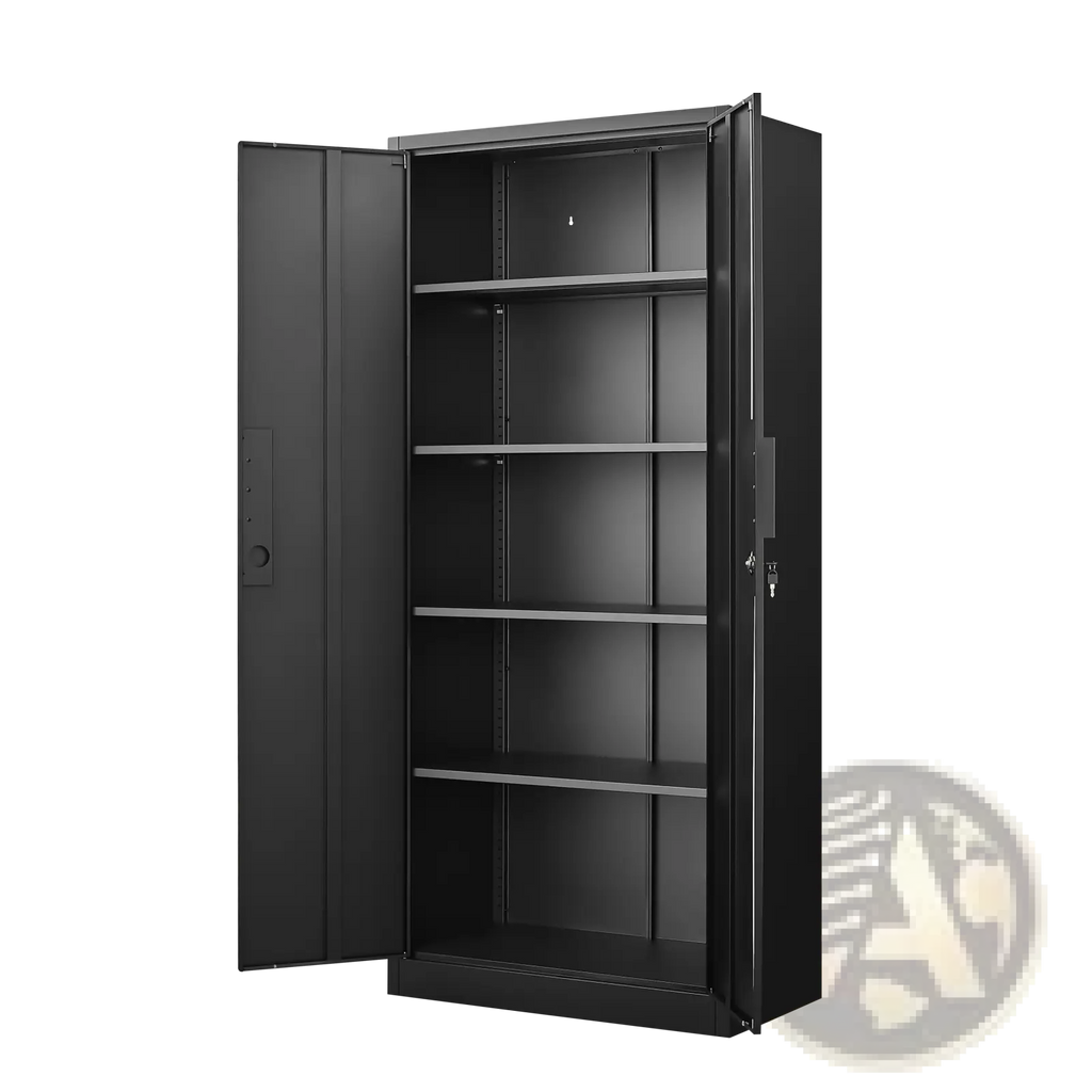 Black metal 70 inch steel locking file cabinet with four adjustable shelves and lockable doors for secure storage