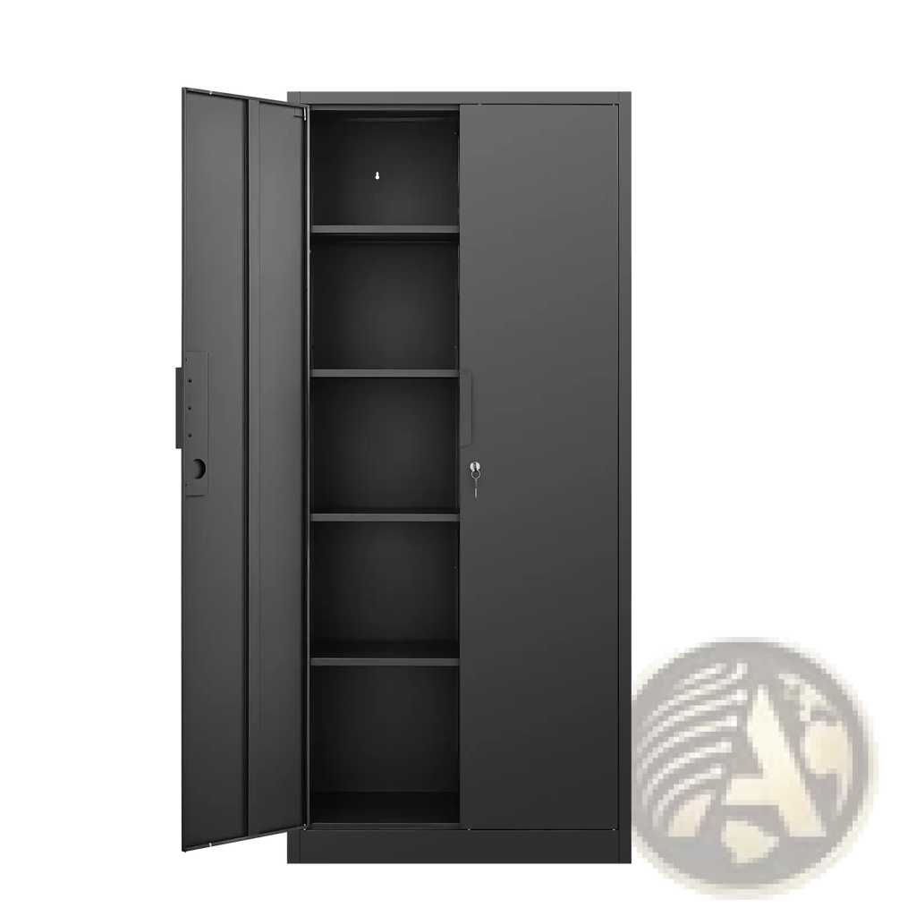 Black metal 70 inch steel locking file cabinet with two doors one open showing three shelves inside