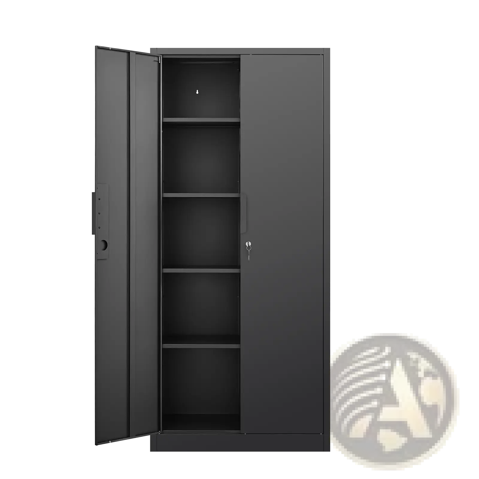 Black metal 70 inch steel locking file cabinet with two doors one open showing three shelves inside