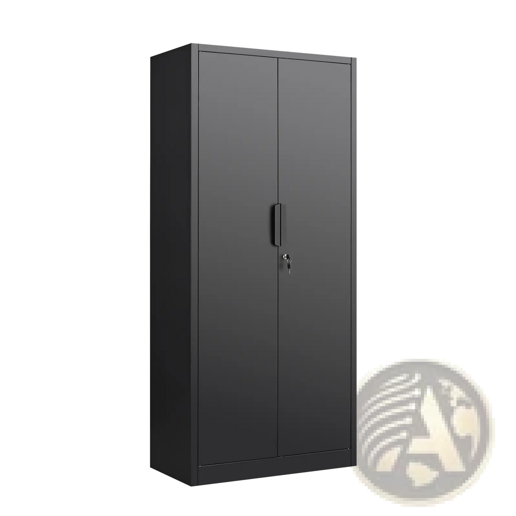Black metal two-door 70 inch steel locking file cabinet with vertical handle and key lock for secure storage