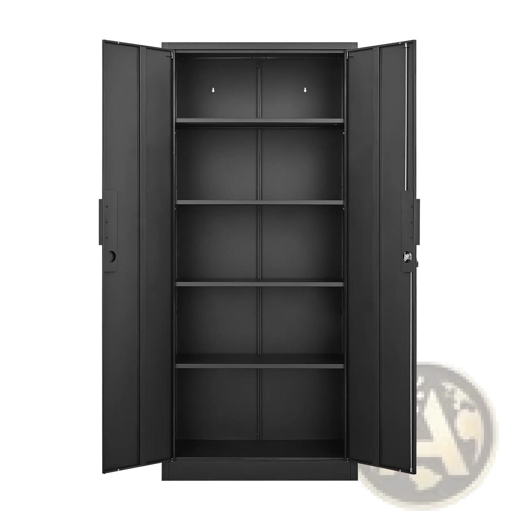 70 inch black steel locking file cabinet with four adjustable shelves and lock on the right door for secure storage