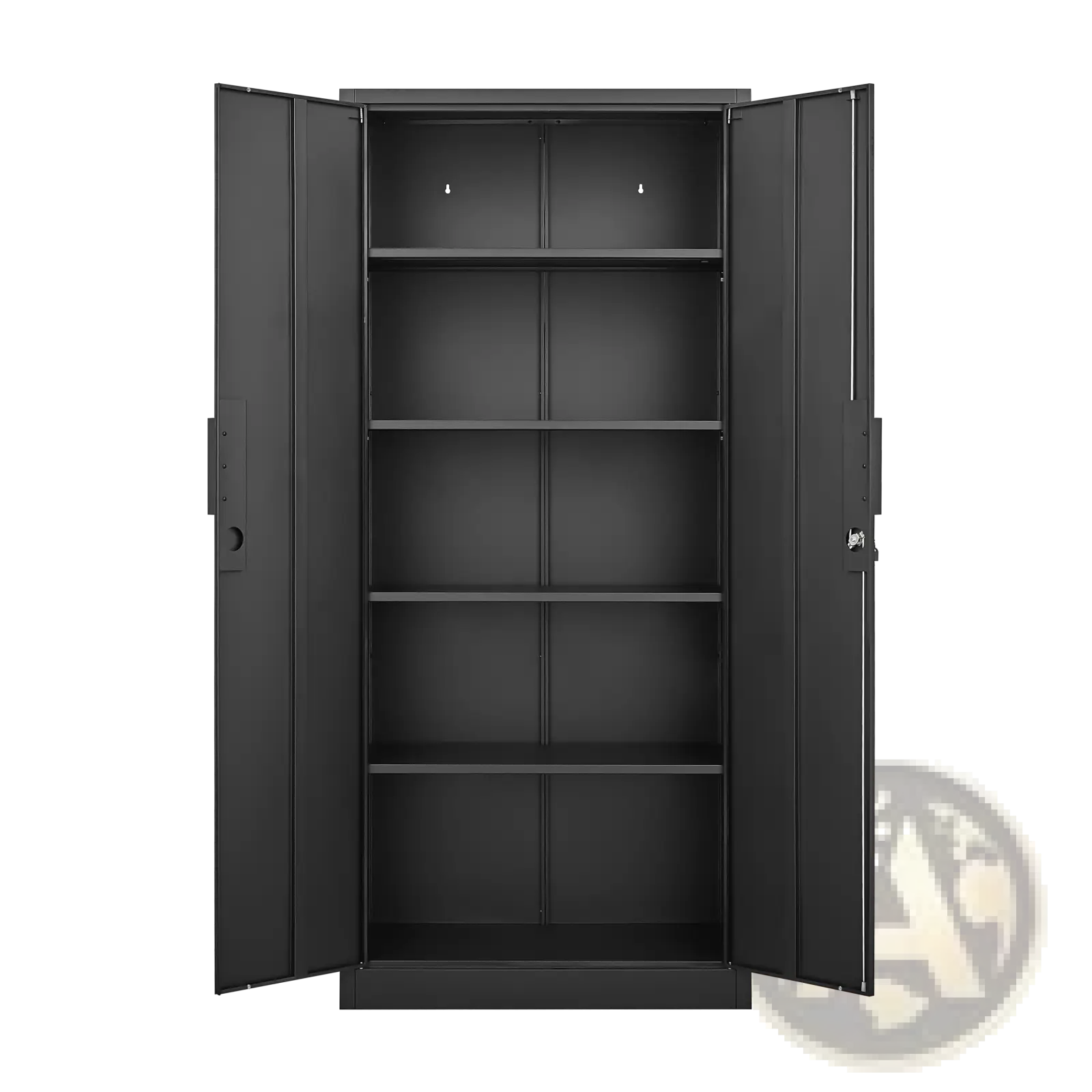 70 inch black steel locking file cabinet with four adjustable shelves and lock on the right door for secure storage