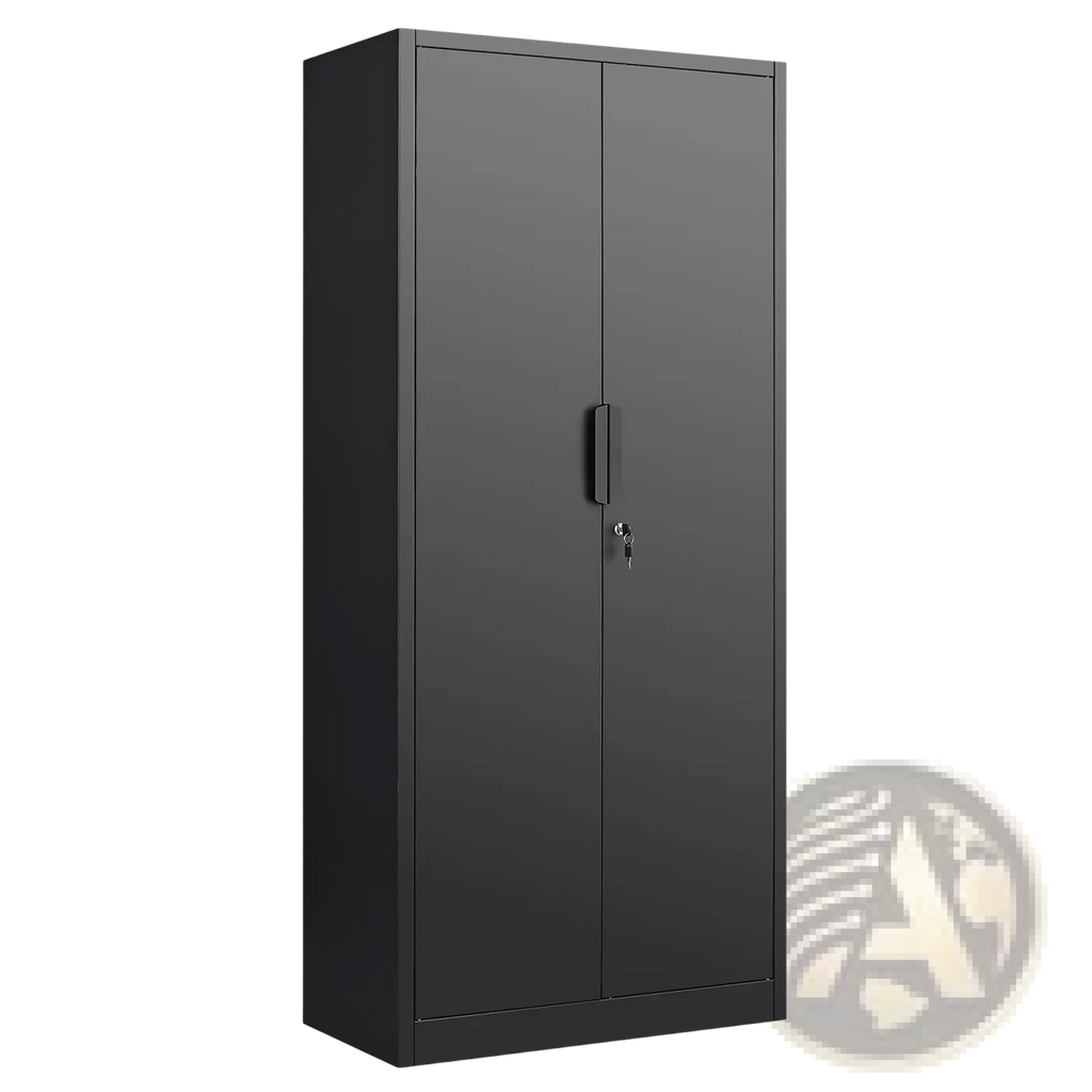 Black metal two-door 70 inch steel locking file cabinet with four shelves and key-secured doors in minimalist design