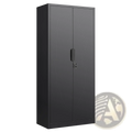 Black metal two-door 70 inch steel locking file cabinet with four shelves and key-secured doors in minimalist design