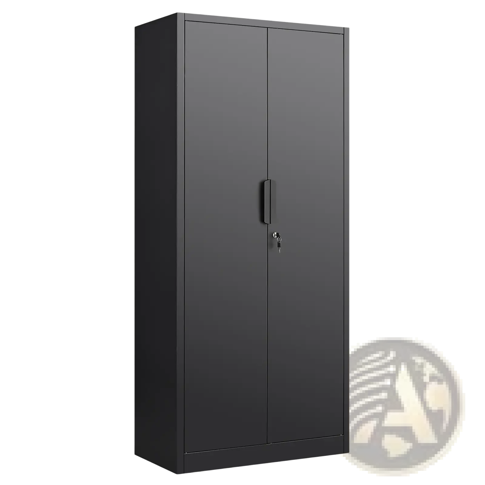 Black metal two-door 70 inch steel locking file cabinet with four shelves and key-secured doors in minimalist design