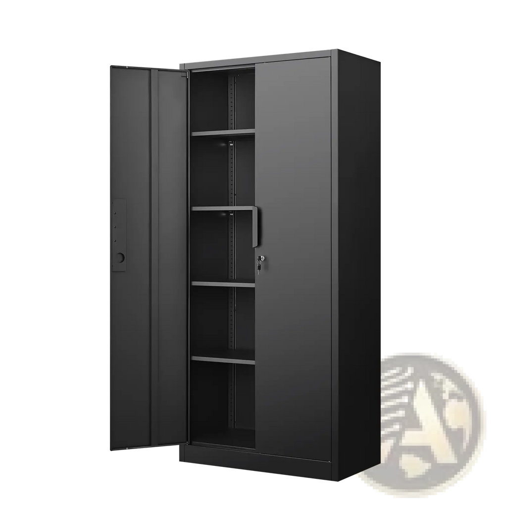 Black steel 70 inch locking file cabinet with four adjustable shelves and key lock on the right door