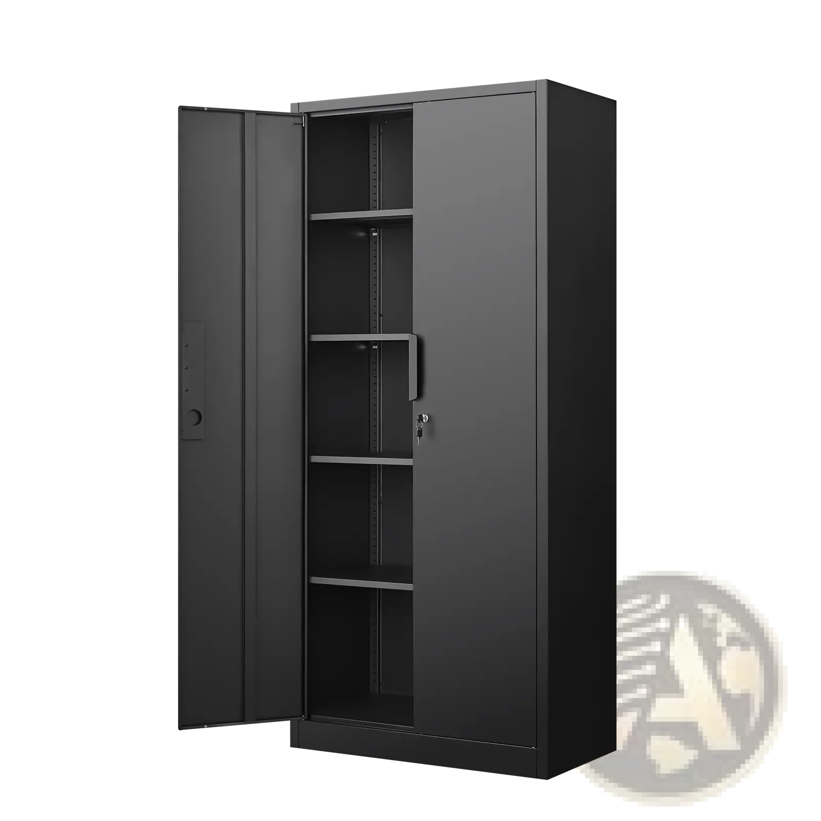 Black steel 70 inch locking file cabinet with four adjustable shelves and key lock on the right door