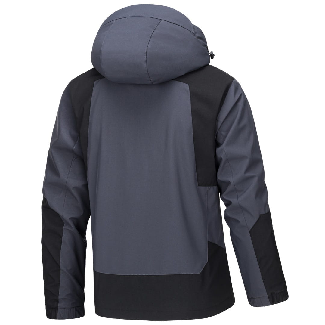 Veste de plein air imperméable à capuche bicolore gris foncé et noire pour hommes et femmes, conçue pour la randonnée et les activités en extérieur.