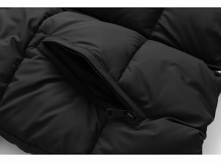Black hooded puffer cotton coat featuring quilted panels and a zipper pocket.