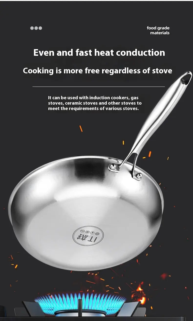 Stainless steel frying pan with a sleek reflective surface and long curved handle featured as the titanium hammered non-stick frying pan with lid.