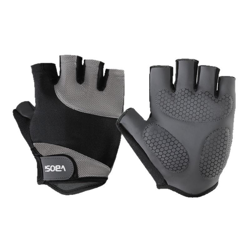 Black and gray weightlifting fitness gloves with anti-skid textured grip panels showing the back side of fingerless half-finger design.