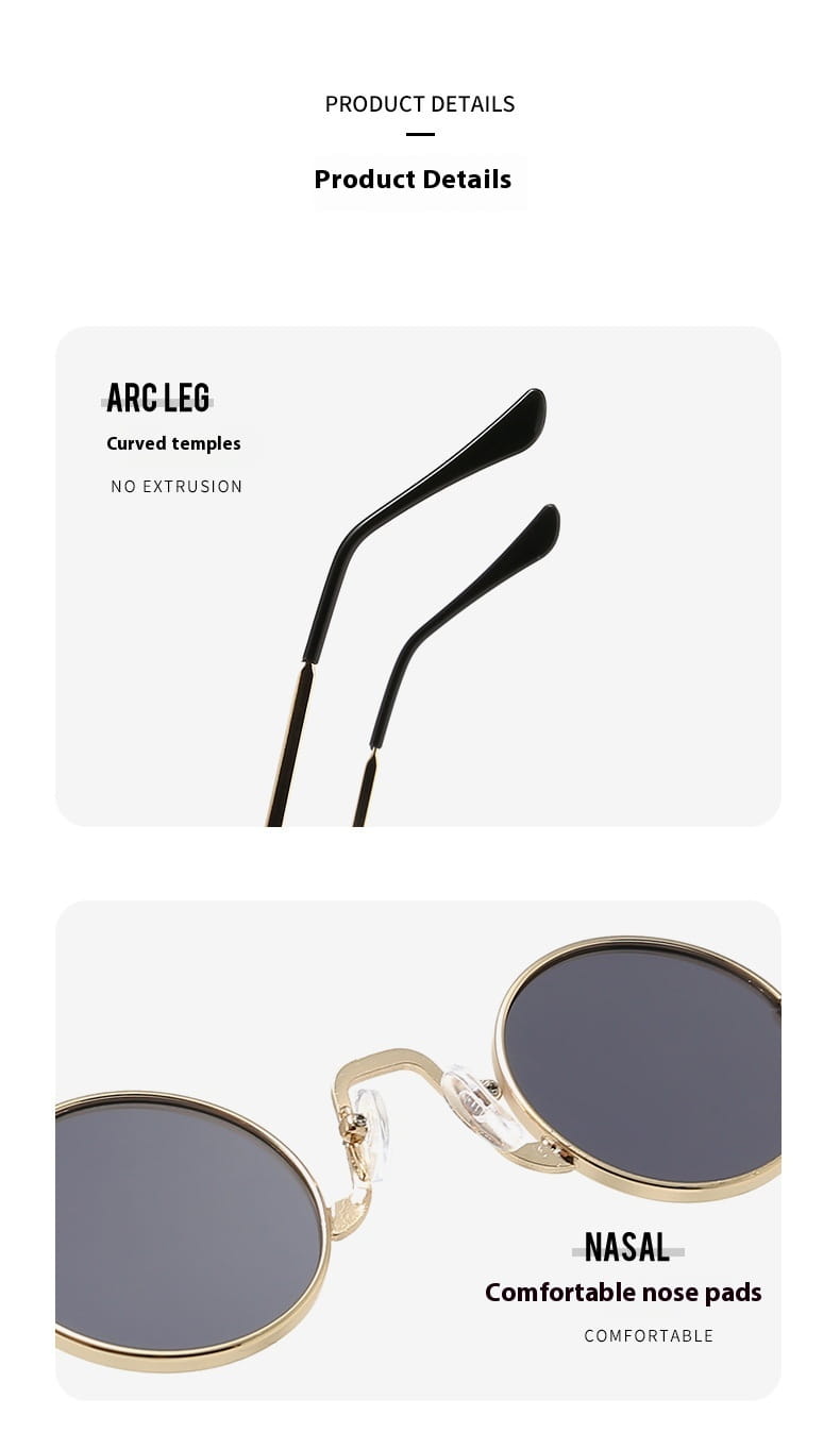 Retro round hip hop sunglasses with gold-tone metal rims curved black temple arms and dark gray mirrored lenses.