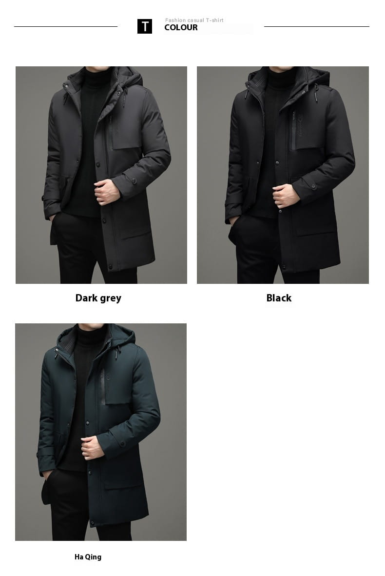 Abrigo de invierno acolchado con capucha para hombre en negro oscuro y gris oscuro, y colores «ha qing», confeccionado con tejido aislante, con bolsillos delanteros para moda casual.