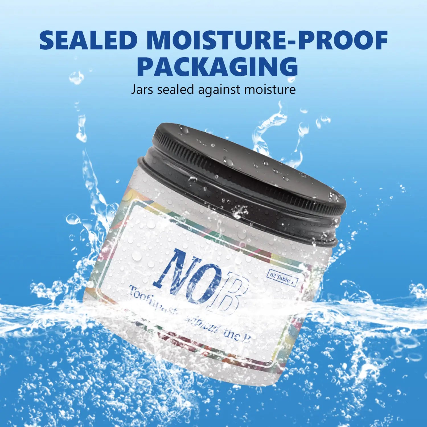 clear glass jar with a black screw-top lid and a white nob label containing 62pcs solid toothpaste tablets sealed in moisture-proof packaging for portable use as breath mints