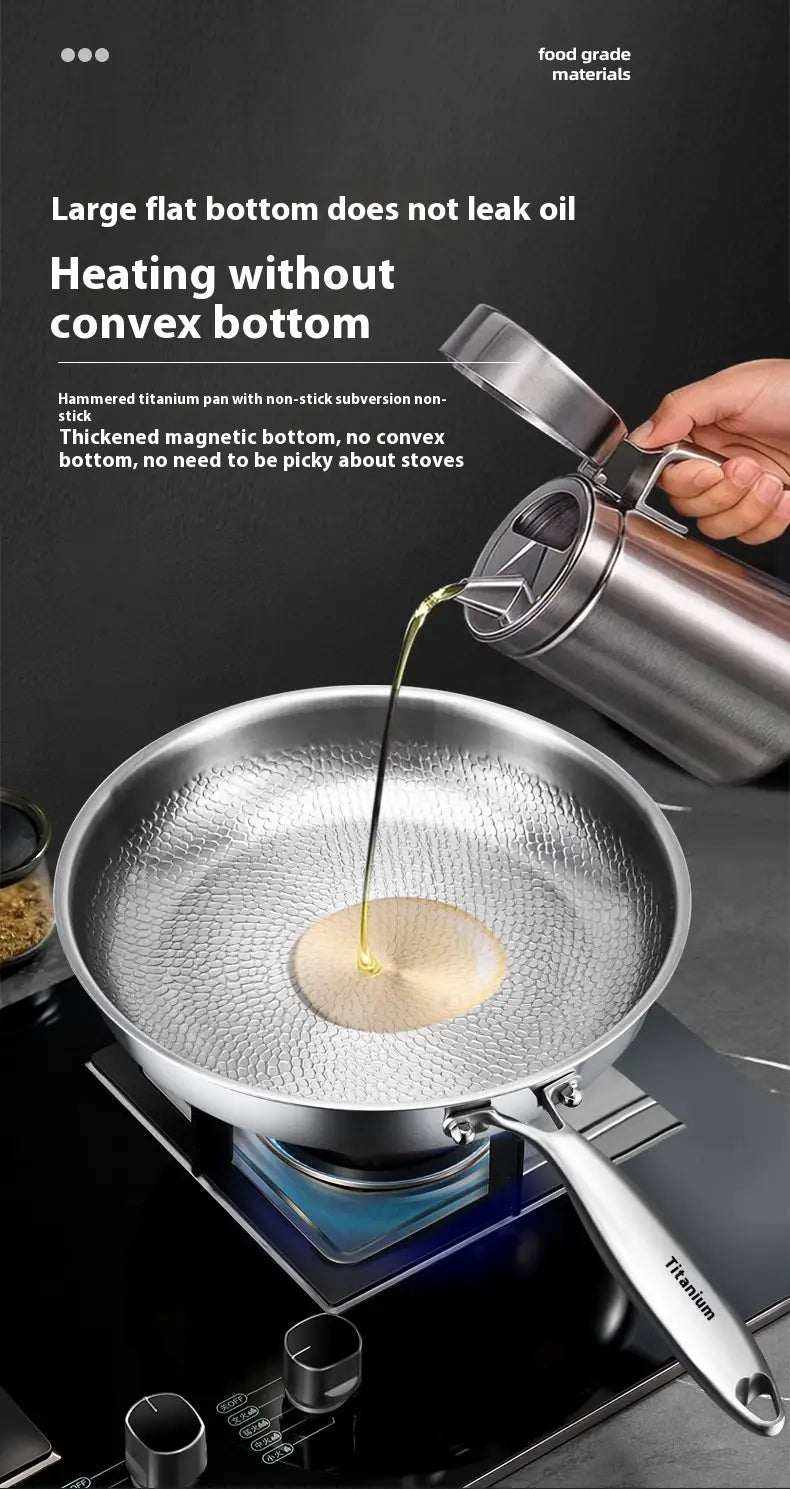 Silver hammered titanium non-stick frying pan with magnetic bottom and sleek handle shown with lid.