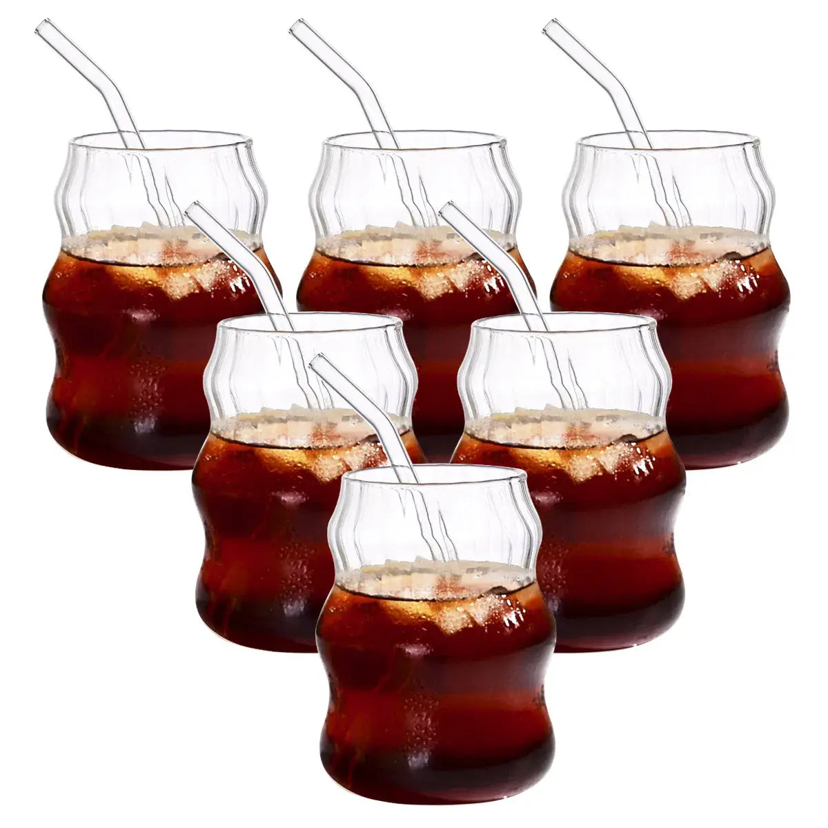 Klare gerippte Glasbecher mit Strohhalmen, 6-teiliges Set, 19 Unzen, mit einzigartiger geschwungener flaschenähnlicher Form und passenden klaren Glasstrohhalmen.