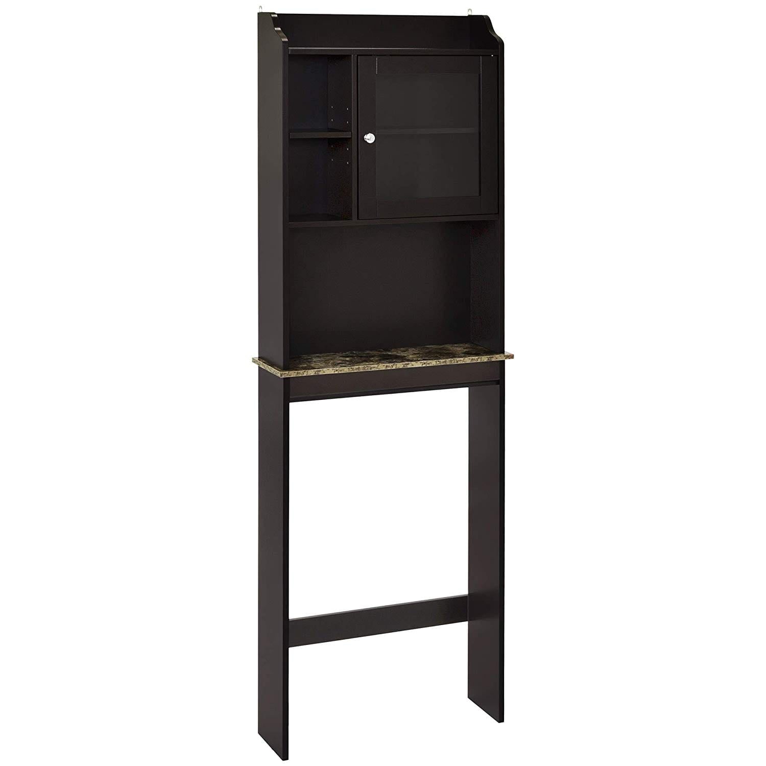 Espresso over the toilet wood storage cabinet featuring a black granite countertop and a glass-paneled door.