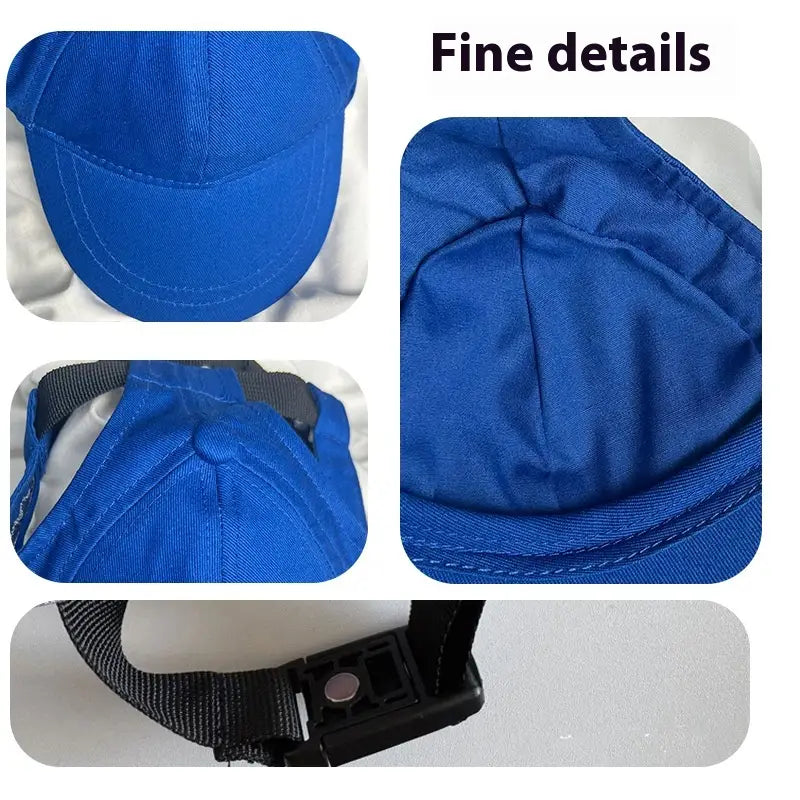 bright blue adjustable sun proof pet hat with ear holes and a structured crown featuring an adjustable black strap shown from the back side.