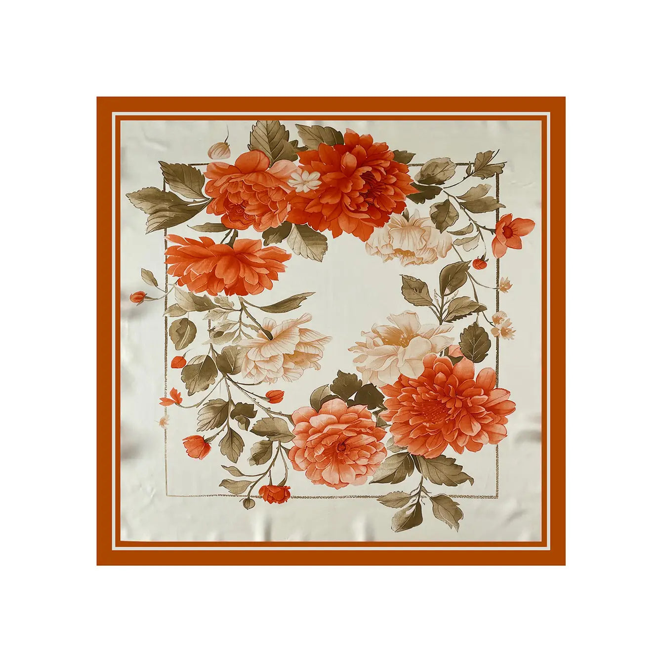 A square silk floral scarf featuring vibrant orange and cream peonies with green leaves and small blossoms framed by an elegant rust-colored border.