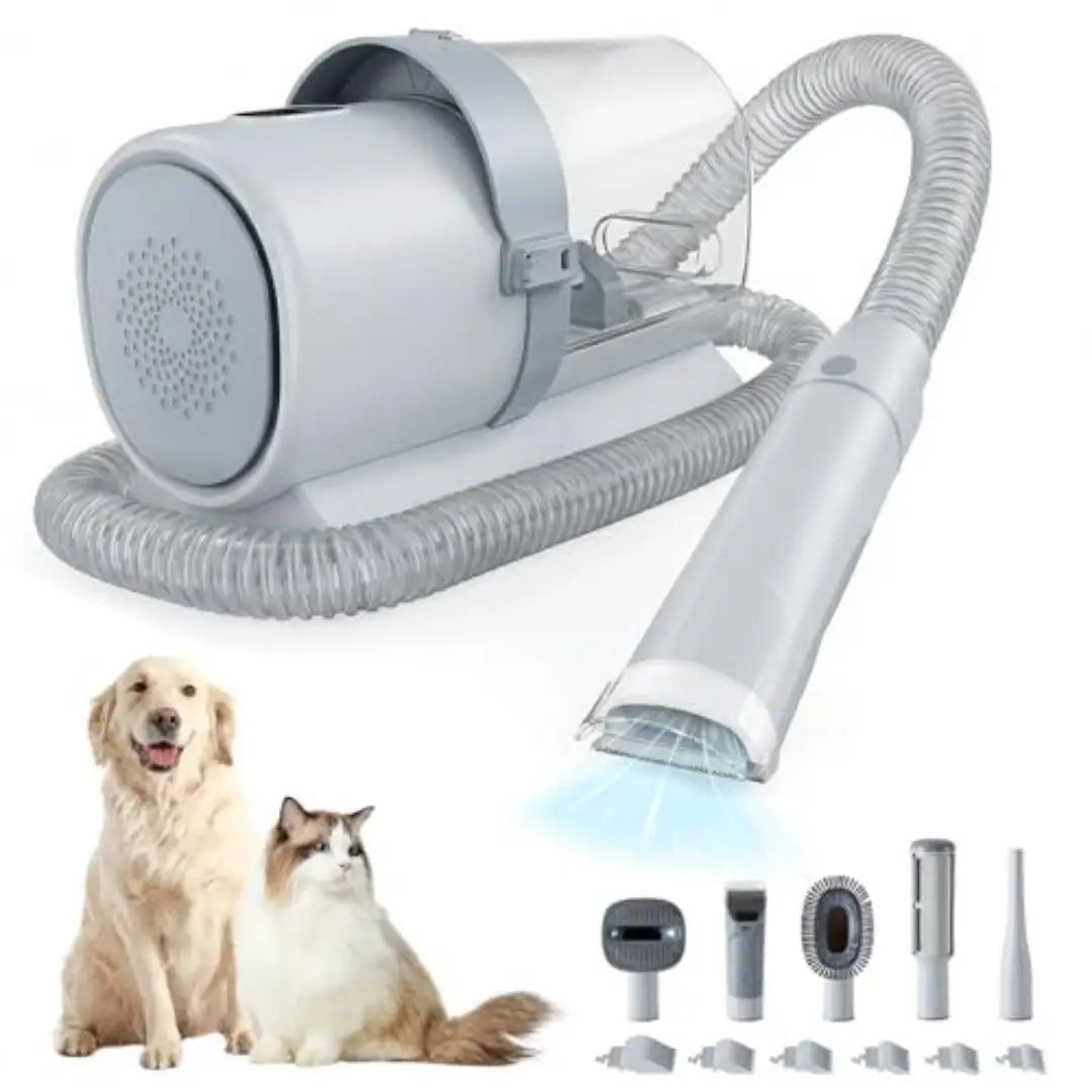 gray pet grooming vacuum clippers 2.5l kit featuring a pet dryer with flexible hose and multiple attachments for efficient pet care.